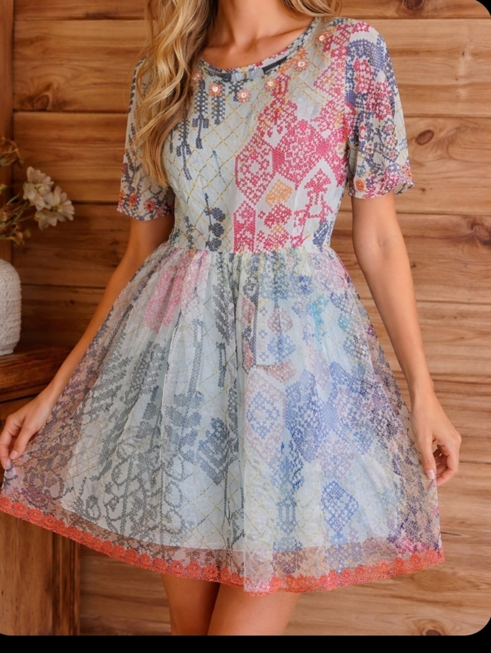 3359 Hemant & Nandita 100% Silk Boho Patchwork Mini Dress Lined Fit & Flare Sz 4